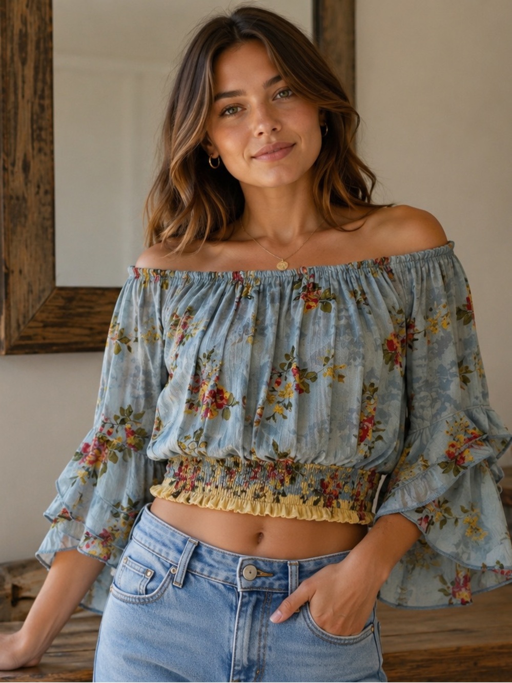 Floral‎ Crop Top With Floaty Ruffle Sleeves by Blue Rain Size M